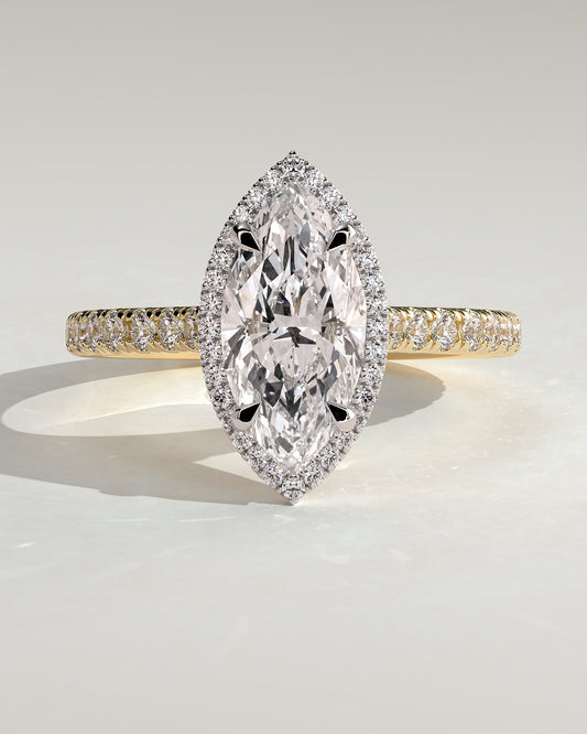 Stefania - Marquise Claw Solitaire with Halo and Pave Band and Cathedral High Setting Engagement Ring - Yellow Two-Tone
