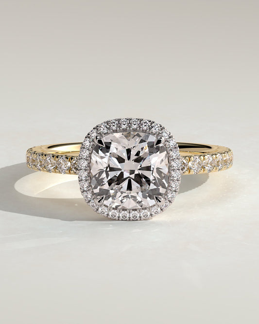 Suzana - Cushion Claw Solitaire with Halo and Pave Band Engagement Ring - Yellow Two-Tone