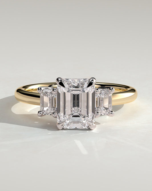 Silvana - Emerald Claw Trilogy with Emerald Side Stones and Low Setting Engagement Ring - Yellow Two-Tone