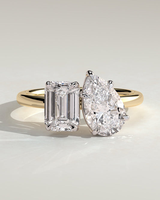 Tahlia - Emerald and Pear Claw Toi et Moi with Hidden Halo Engagement Ring - Yellow Two-Tone