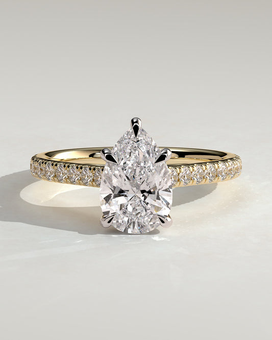Katrina - Pear Claw Solitaire with Hidden Halo, Pave Band and Cathedral High Setting Engagement Ring - Yellow Two-Tone