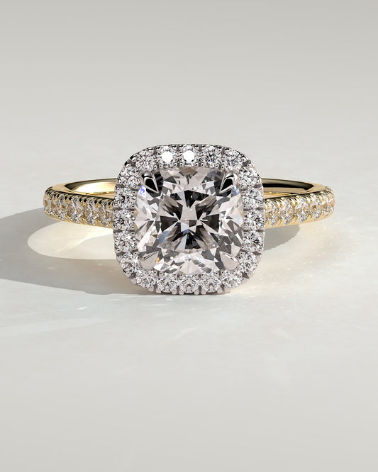 Nicole - Cushion Claw Solitaire with Halo and Pave Band and Cathedral High Setting Engagement Ring - Yellow Two-Tone