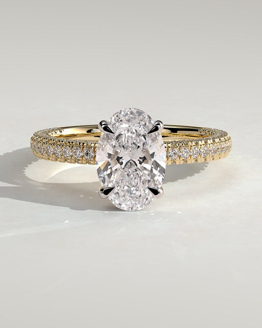 Penelope - Oval Claw Solitaire with Hidden Halo and Triple Pave Band Engagement Ring - Yellow Two-Tone