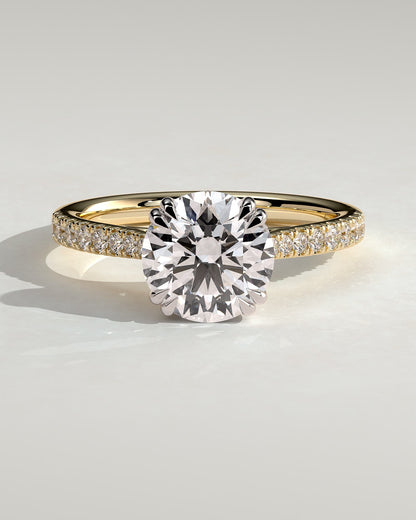 Amelia - Round Double Claw Solitaire with Hidden Halo, Tapered Pave Band and Cathedral High Setting Engagement Ring - Yellow Two-Tone
