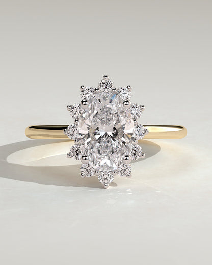 Arielle - Oval Claw Solitaire with Sunburst Halo and Cathedral High Setting Engagement Ring - Yellow Two-Tone - yellow two-tone - Lara Jewels