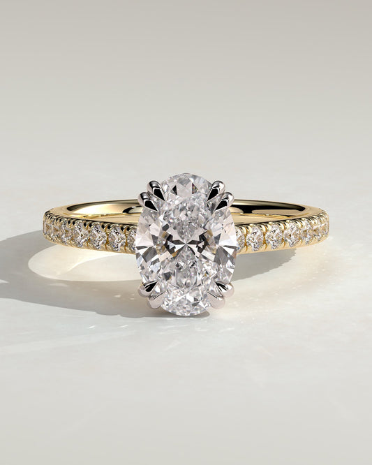 Sasha - Oval Double Claw Solitaire with Hidden Halo, Pave Band and Cathedral High Setting Engagement Ring - Yellow Two-Tone
