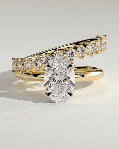 Athena - Oval Claw Solitaire with Double Plain-and-Round-Accent Stones Band Engagement Ring - Yellow Two-Tone