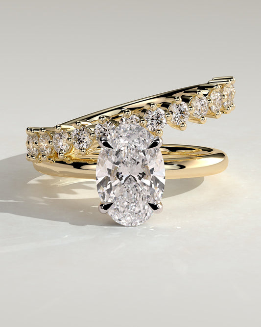 Athena - Oval Claw Solitaire with Double Plain-and-Round-Accent Stones Band Engagement Ring - Yellow Two-Tone