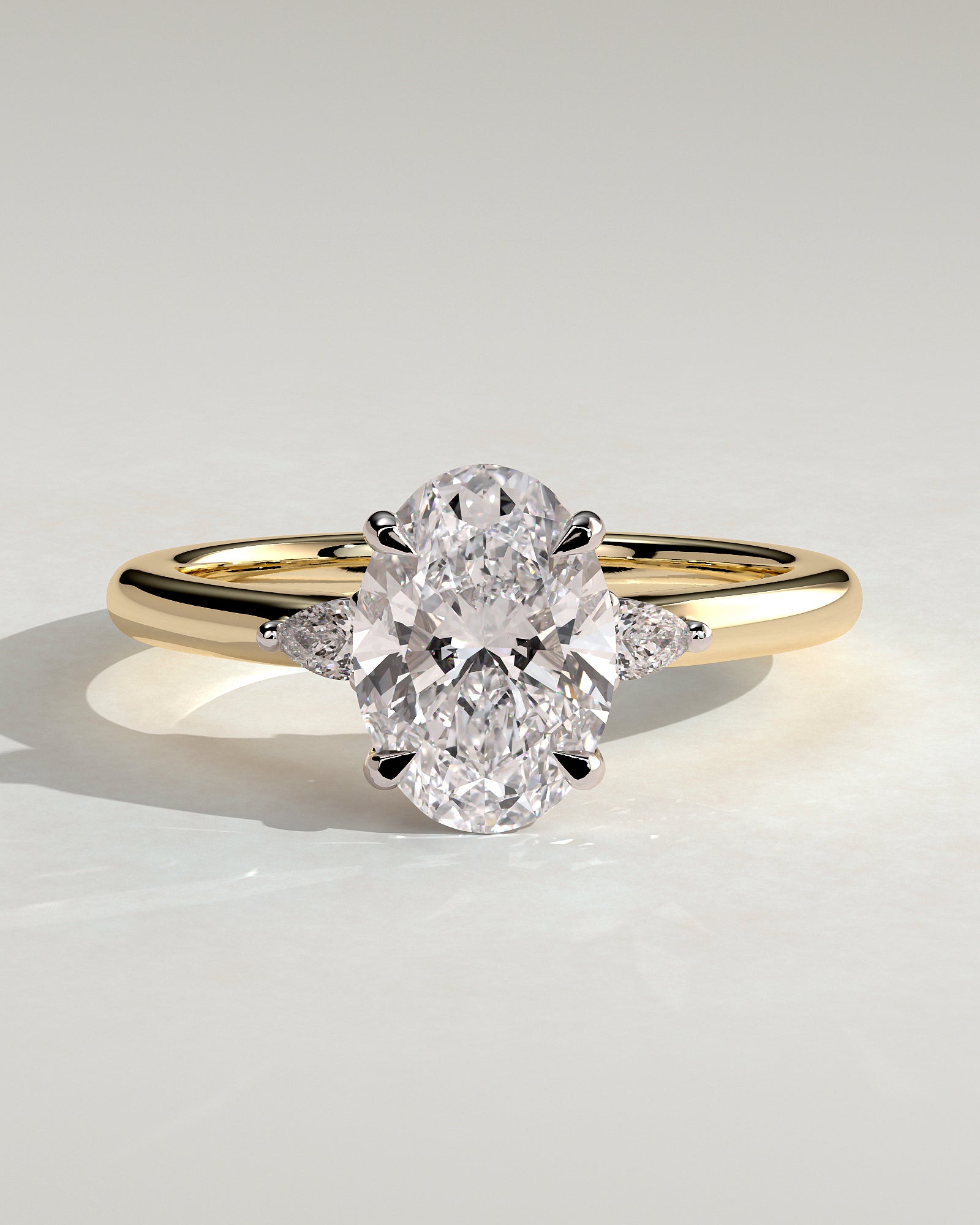 Elena - Oval Claw Trilogy with Pear Side Stones and Tulip Detail Engagement Ring - Yellow Two-Tone - Yellow Two-Tone 2ct
