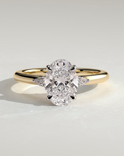 Elena - Oval Claw Trilogy with Pear Side Stones and Tulip Detail Engagement Ring - Yellow Two-Tone