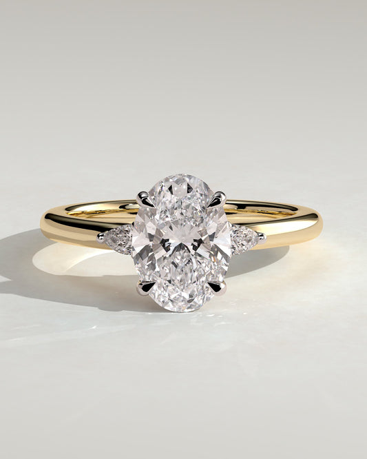 Elena - Oval Claw Trilogy with Pear Side Stones and Tulip Detail Engagement Ring - Yellow Two-Tone