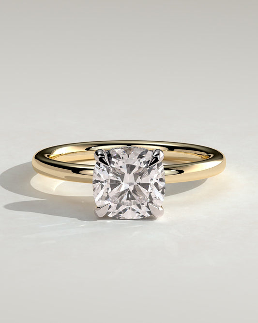 Rosie - Cushion Claw Solitaire with Hidden Halo Engagement Ring - Yellow Two-Tone