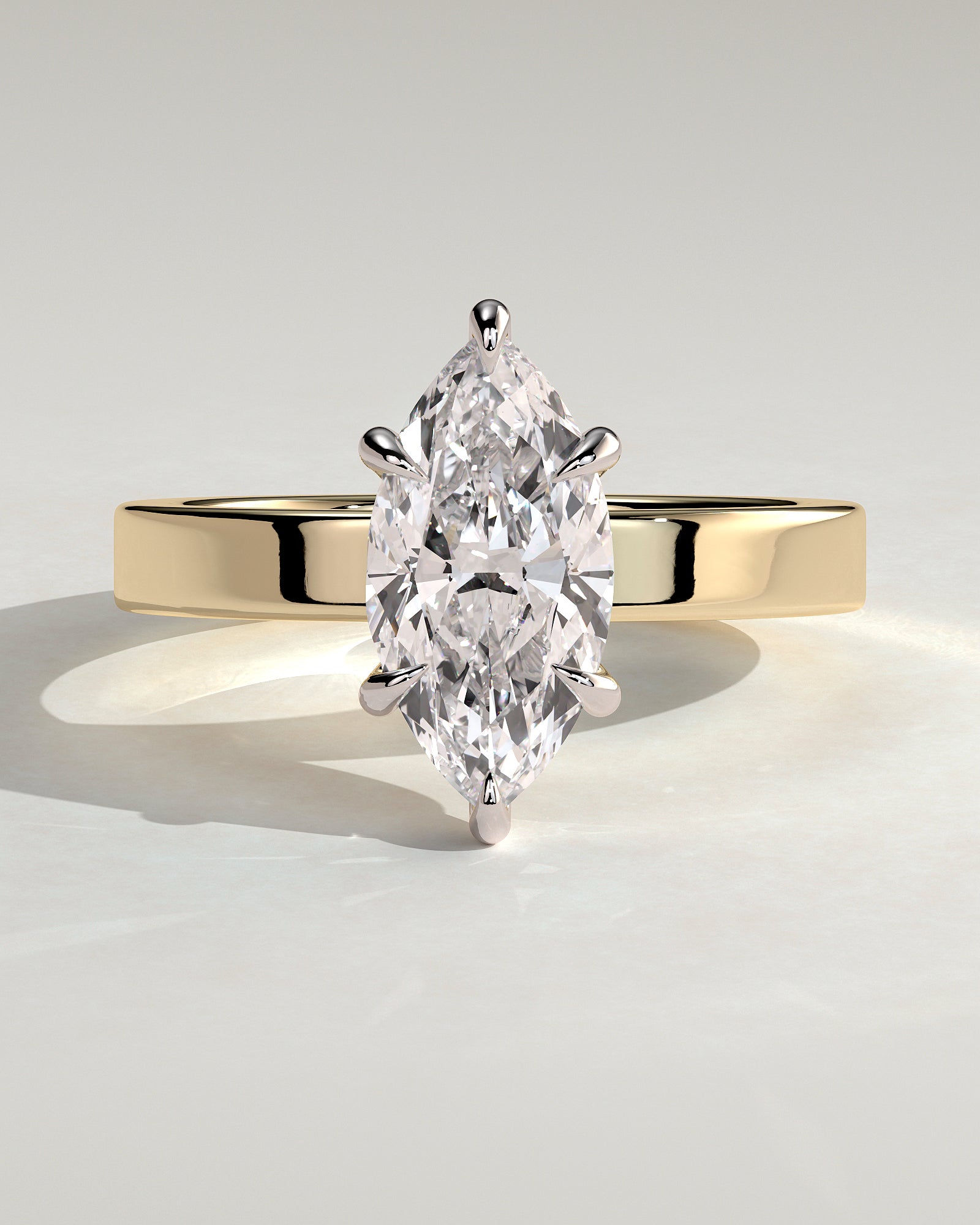 Aisha - Marquise Claw Solitaire with Flat Cigar Band and Hidden Halo Engagement Ring - Yellow Two-Tone - Yellow Two-Tone 2ct
