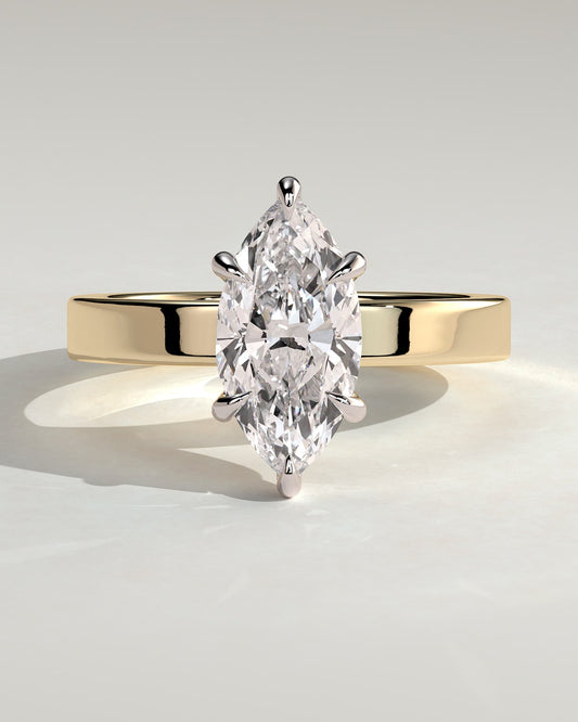 Aisha - Marquise Claw Solitaire with Flat Cigar Band and Hidden Halo Engagement Ring - Yellow Two-Tone - yellow two-tone - Lara Jewels