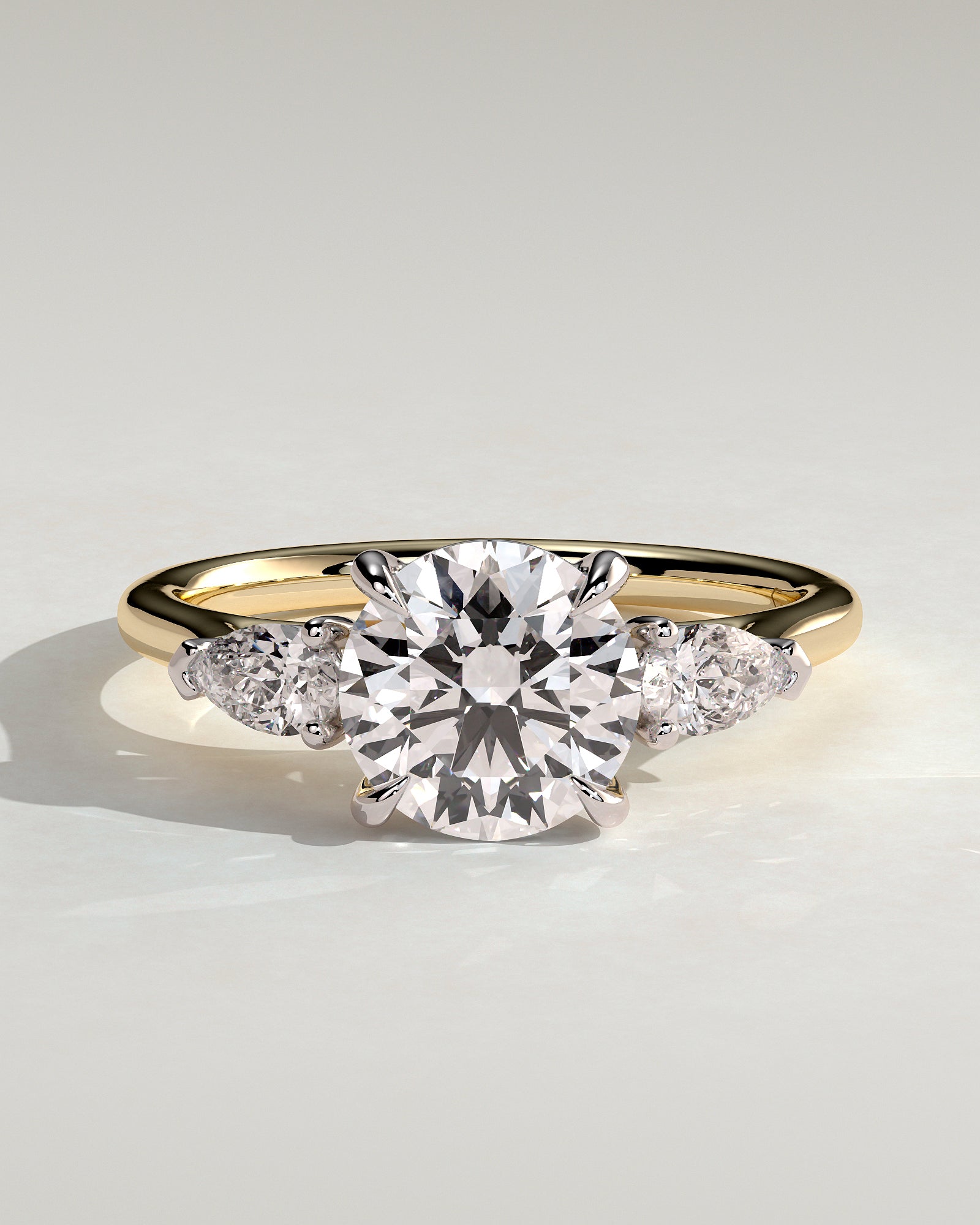 Arya - Round Claw Trilogy with Pear Side Stones and Cathedral Setting Engagement Ring - Yellow Two-Tone - Yellow Two-Tone 2ct