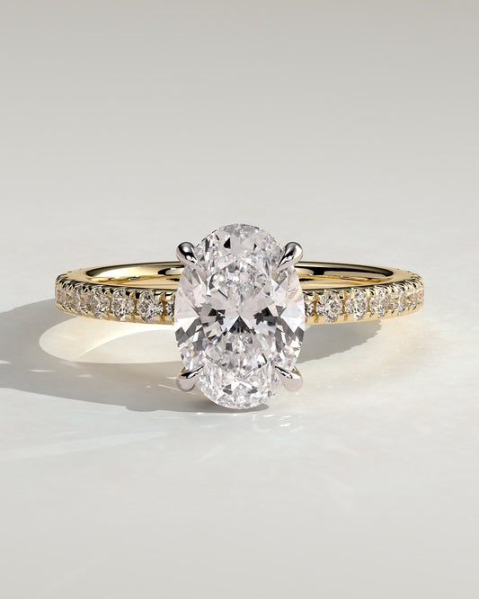 Evangeline - Oval Claw Solitaire with Wrap Around Hidden Halo and Pave Band Engagement Ring - Yellow Two-Tone