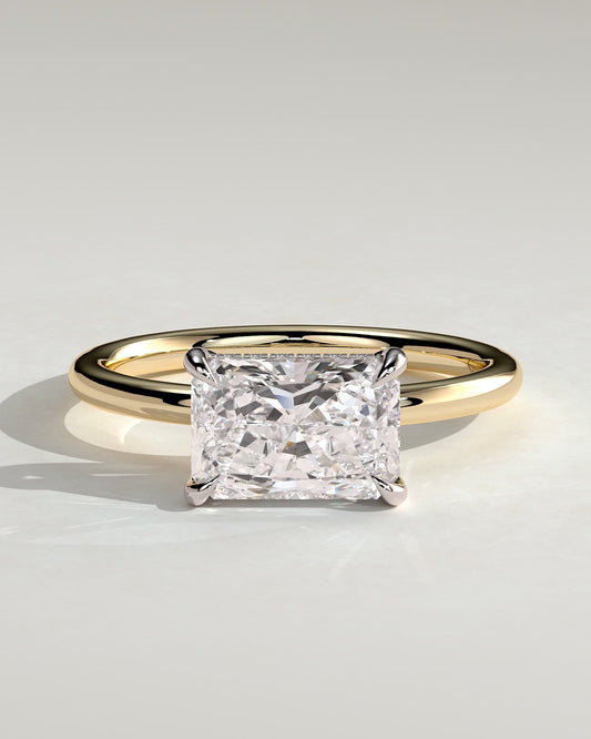Francene - Radiant East West Claw Solitaire with Hidden Halo Engagement Ring - Yellow Two-Tone