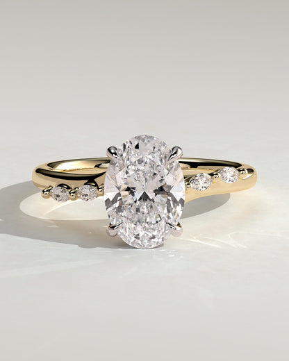 Jamie - Oval Claw Solitaire with Hidden Halo, Opposing Marquise Accents and Cathedral High Setting Engagement Ring - Yellow Two-Tone