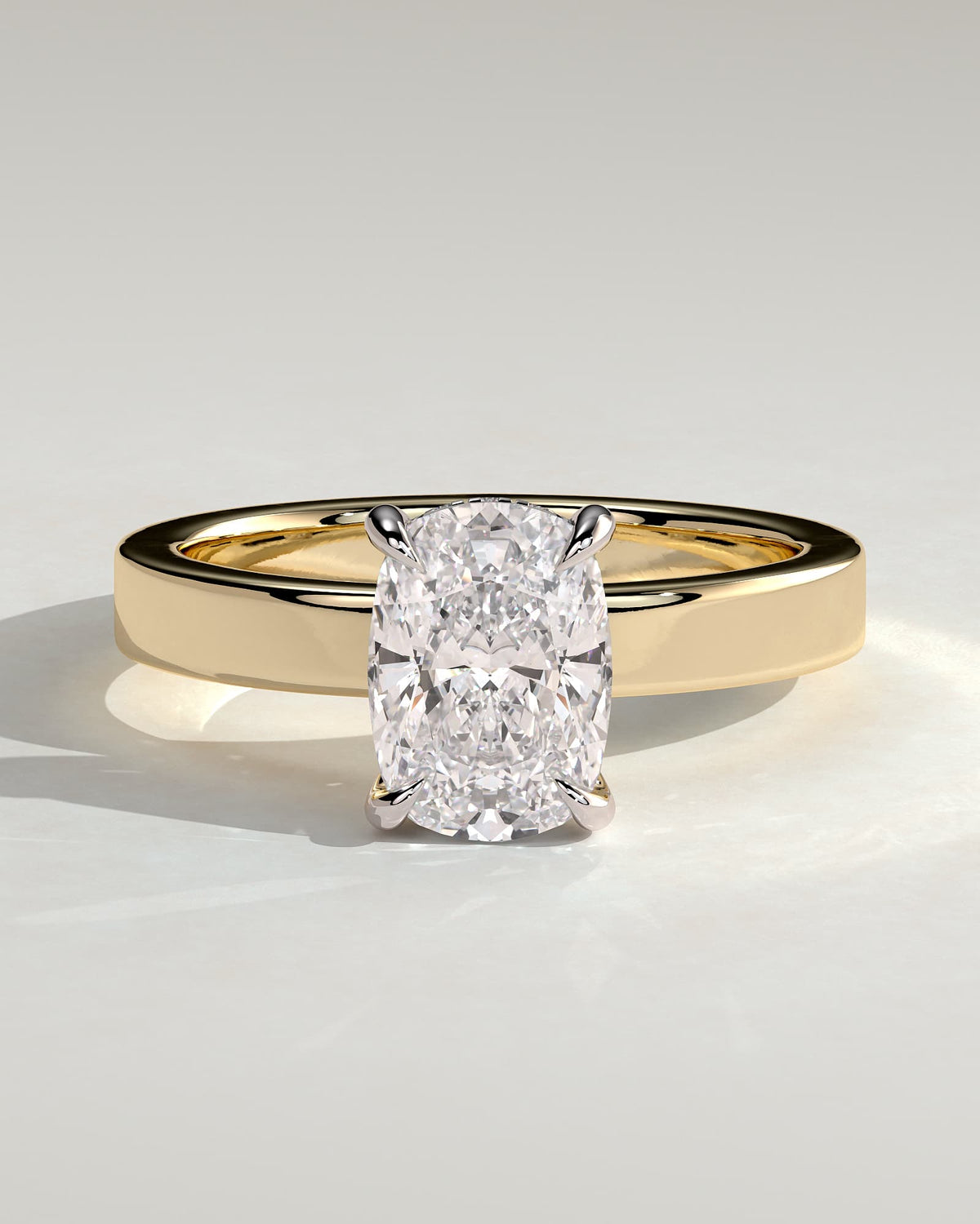 Kai - Elongated Cushion Claw Solitaire with Flat Cigar Band and Hidden Halo Engagement Ring - Yellow Two-Tone