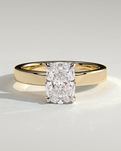 Kai - Elongated Cushion Claw Solitaire with Flat Cigar Band and Hidden Halo Engagement Ring - Yellow Two-Tone