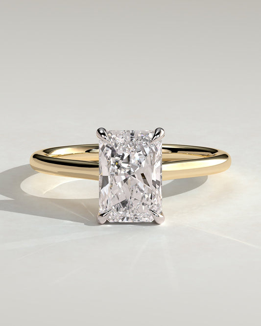 Melody - Radiant Claw Solitaire with Hidden Halo and Cathedral High Setting Engagement Ring - Yellow Two-Tone