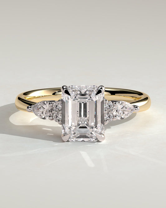 Raleigh - Emerald Claw Solitaire with Pear Accents and Round Shoulder Stones Engagement Ring - Yellow Two-Tone