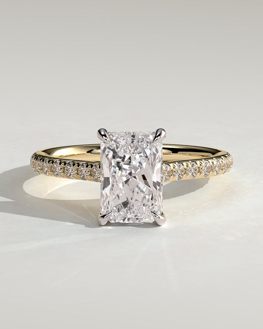 Racquel - Radiant Claw Solitaire with Hidden Halo, Pave Band and Cathedral High Setting Engagement Ring - Yellow Two-Tone