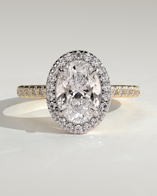 Sally - Oval Claw Solitaire with Halo and Pave Band and Cathedral High Setting Engagement Ring - Yellow Two-Tone