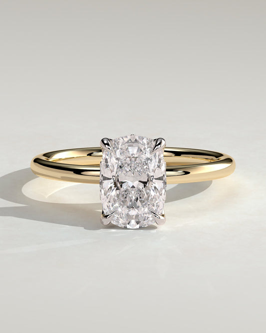 Tilly - Elongated Cushion Claw Solitaire with Petal Gallery and Accent Leaf Detail Engagement Ring - Yellow Two-Tone