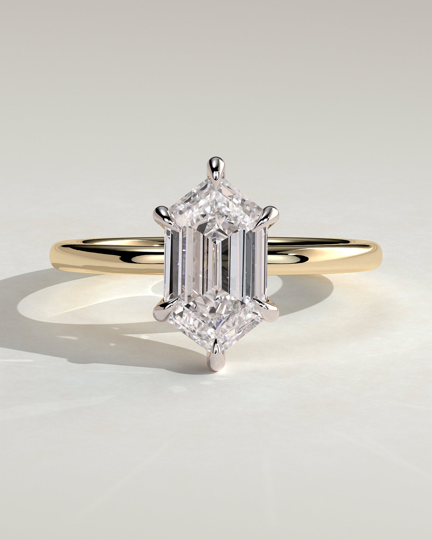 Delta - Elongated Hexagon Claw Solitaire with Hidden Halo Engagement Ring - Yellow Two-Tone - Yellow Two-Tone 2ct