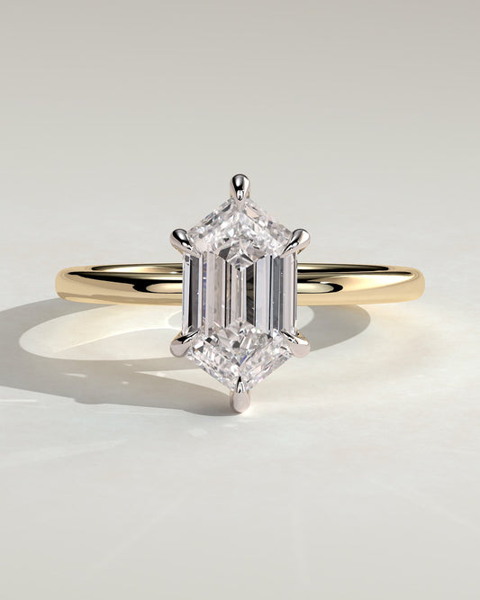 Delta - Elongated Hexagon Claw Solitaire with Hidden Halo Engagement Ring - Yellow Two-Tone