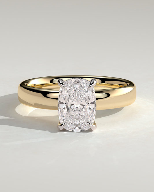 Cora - Elongated Cushion Claw Solitaire with Cigar Band and Hidden Halo Engagement Ring - Yellow Two-Tone