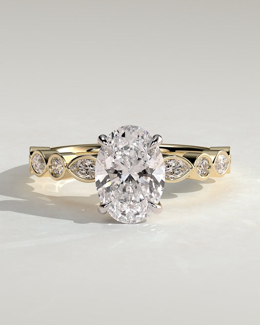Rhiannon - Oval Claw Solitaire with Round-Marquise Bezel Accent Stones Engagement Ring - Yellow Two-Tone
