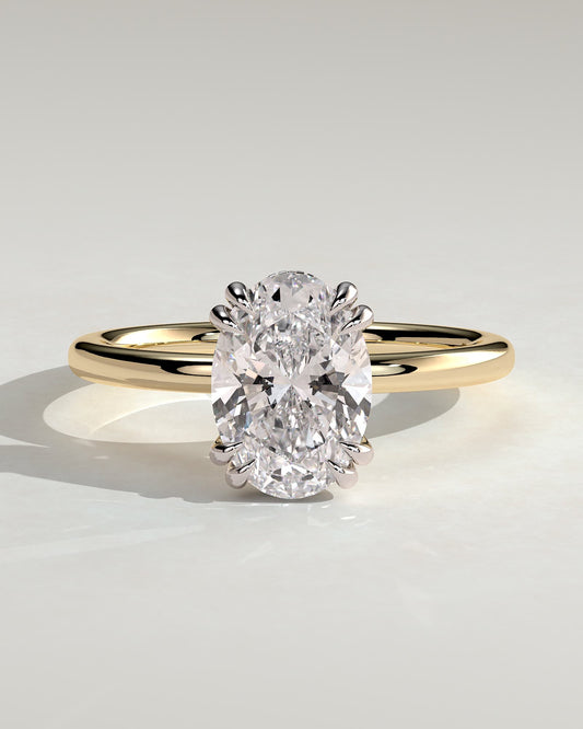 Avery - Oval Double Claw Solitaire with Hidden Halo Engagement Ring - Yellow Two-Tone