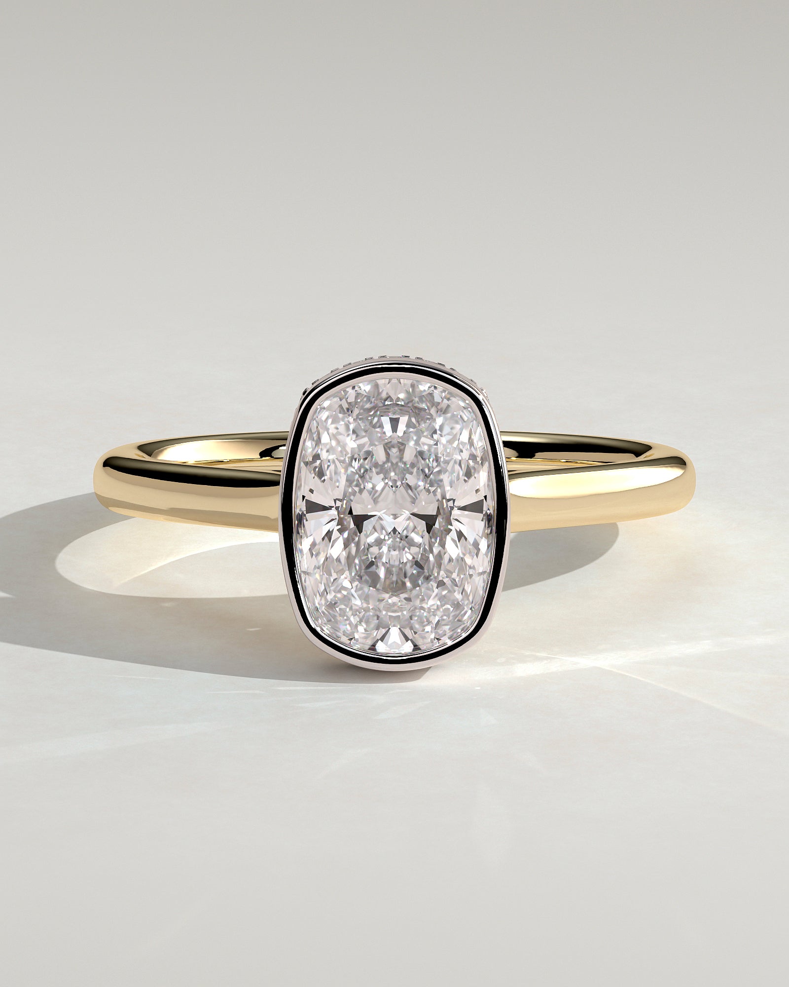 Everleigh - Elongated Cushion Bezel Solitaire with Hidden Halo and Cathedral High Setting Engagement Ring - Yellow Two-Tone - Yellow Two-Tone 2ct