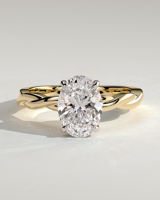 Trinity - Oval Claw Solitaire with Twisted Band Engagement Ring - Yellow Two-Tone