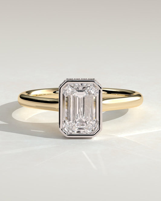 Valeria - Emerald Bezel Solitaire with Hidden Halo and Cathedral High Setting Engagement Ring - Yellow Two-Tone