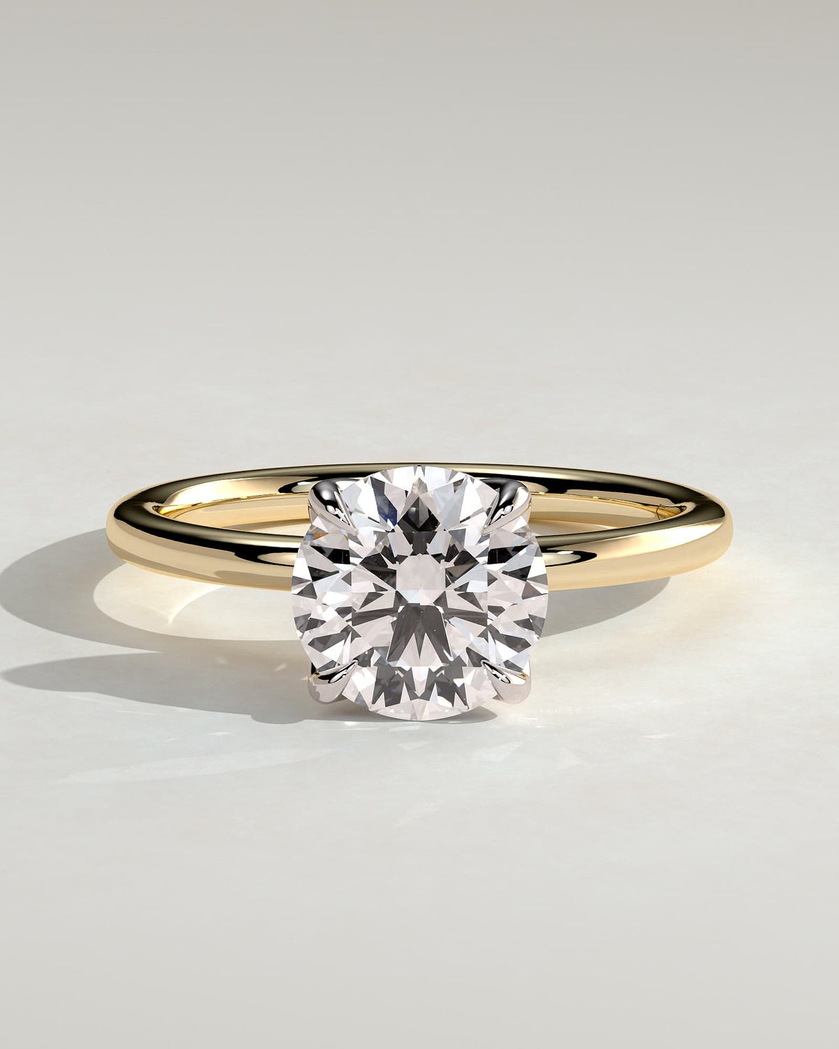 Dahlia - Round Claw Solitaire with Petal Gallery and Accented Tiara Detail Engagement Ring - Yellow Two-Tone