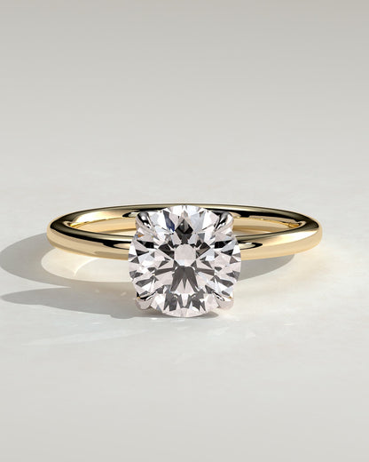 Dahlia - Round Claw Solitaire with Petal Gallery and Accented Tiara Detail Engagement Ring - Yellow Two-Tone