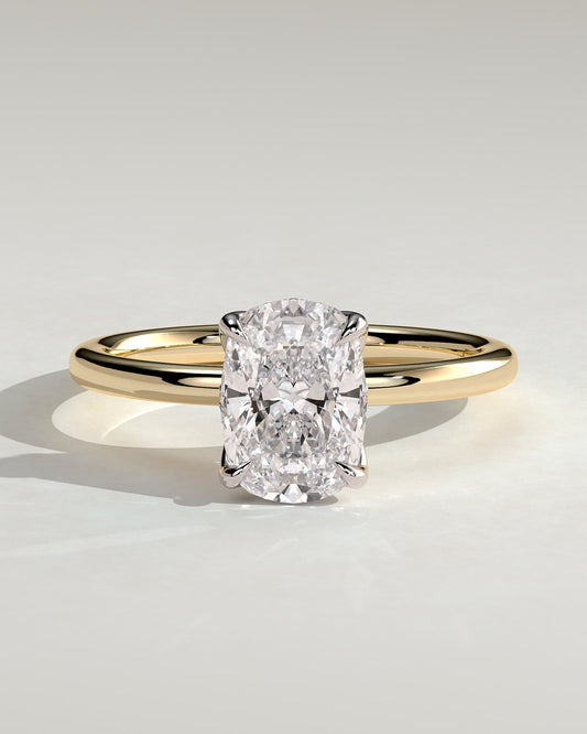 Poppy - Elongated Cushion Claw Solitaire with Petal Gallery and Accented Tiara Detail Engagement Ring - Yellow Two-Tone