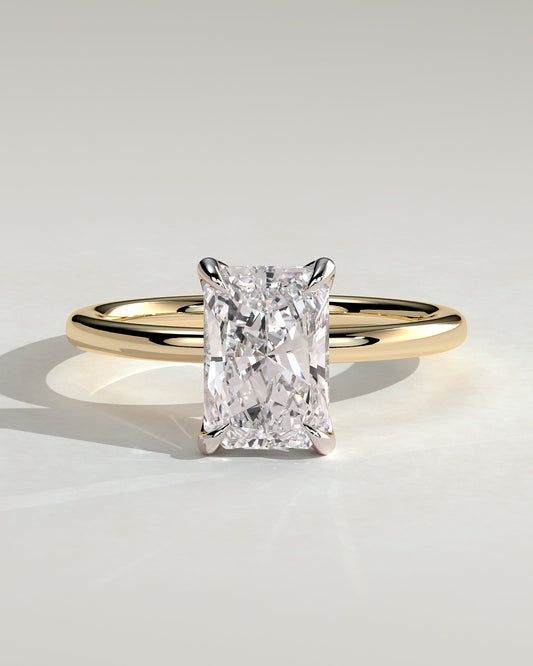 Aster - Radiant Claw Solitaire with Petal Gallery and Accented Tiara Detail Engagement Ring - Yellow Two-Tone