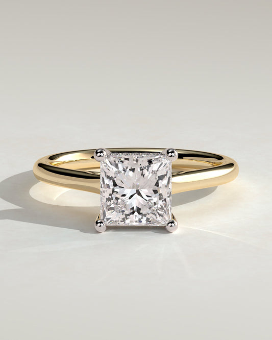 Natalie - Princess Claw Solitaire with Hidden Halo and Cathedral High Setting Engagement Ring - Yellow Two-Tone