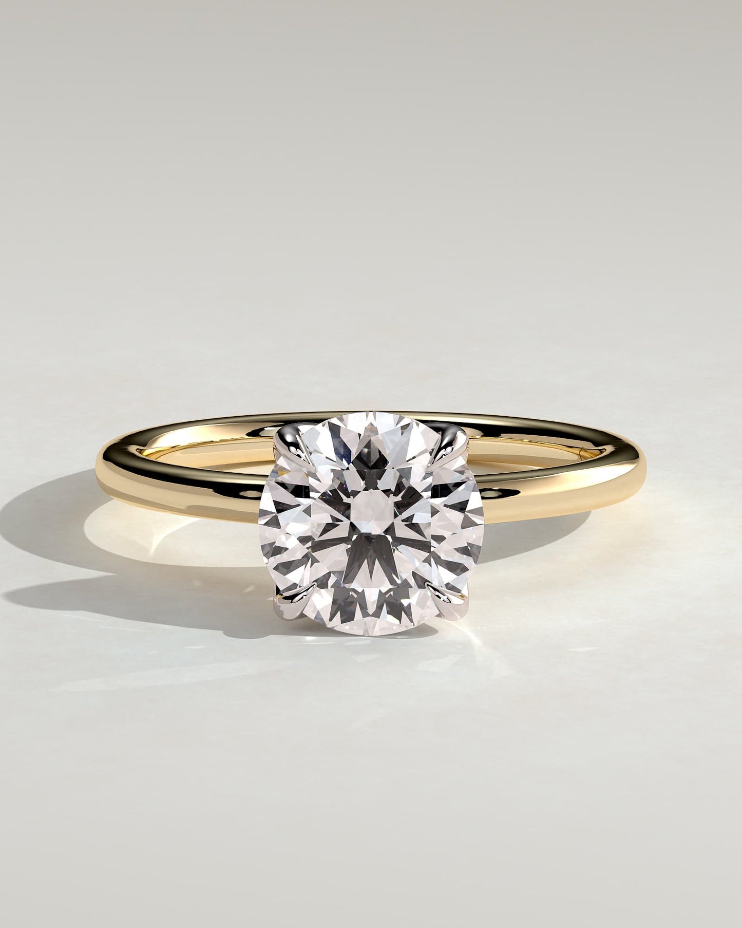 Brianna - Round Claw Solitaire with Petal Gallery, Accent Leaf Detail and Cathedral Setting Engagement Ring - Yellow Two-Tone