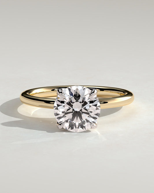 Brianna - Round Claw Solitaire with Petal Gallery, Accent Leaf Detail and Cathedral Setting Engagement Ring - Yellow Two-Tone