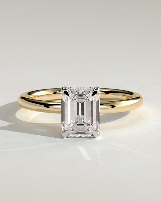 Miller - Emerald Claw Solitaire with Wrap Around Hidden Halo Engagement Ring - Yellow Two-Tone