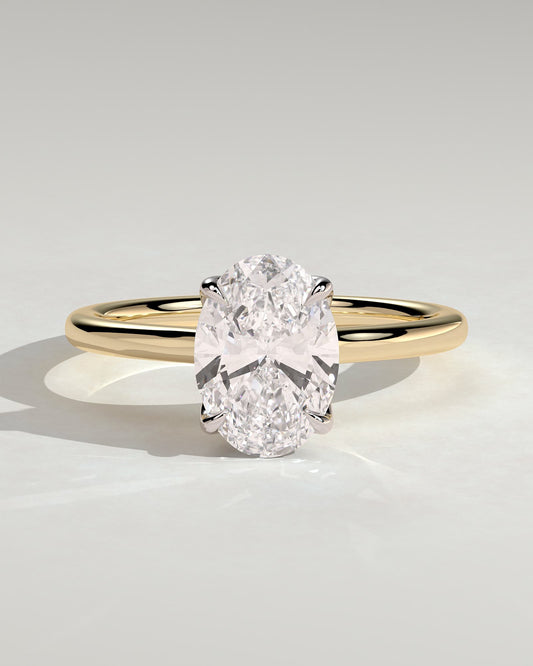Erica - Oval Claw Solitaire with Petal Gallery, Accent Leaf Detail and Cathedral Setting Engagement Ring - Yellow Two-Tone