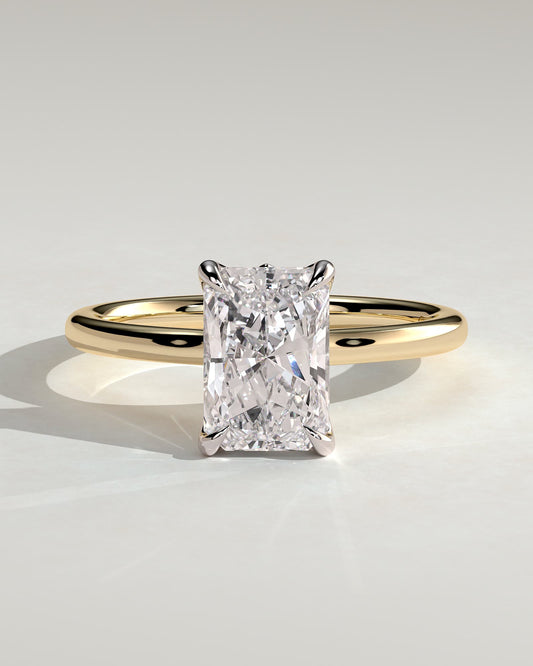 Harriet - Radiant Claw Solitaire with Petal Gallery, Accent Leaf Detail and Cathedral Setting Engagement Ring - Yellow Two-Tone