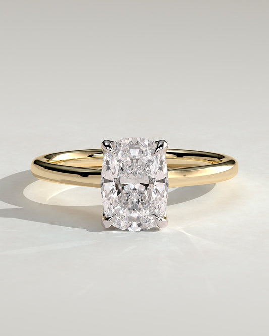 Melissa - Elongated Cushion Claw Solitaire with Petal Gallery, Accent Leaf Detail and Cathedral Setting Engagement Ring - Yellow Two-Tone