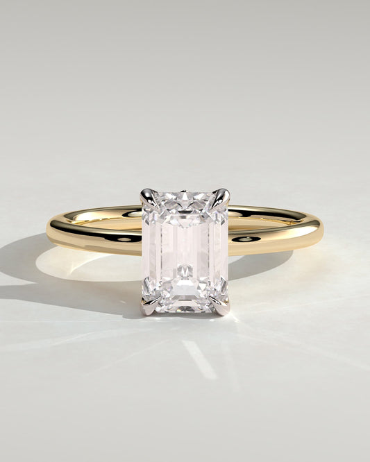 Rosalind - Emerald Claw Solitaire with Petal Gallery, Accent Leaf Detail and Cathedral Setting Engagement Ring - Yellow Two-Tone