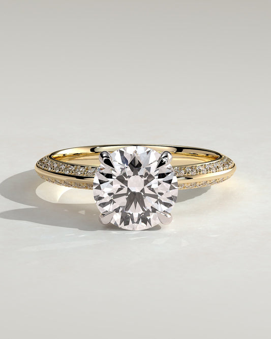 Melinda - Round Claw Solitaire with Hidden Halo and Knife Edge Pave Band  Engagement Ring - Yellow Two-Tone